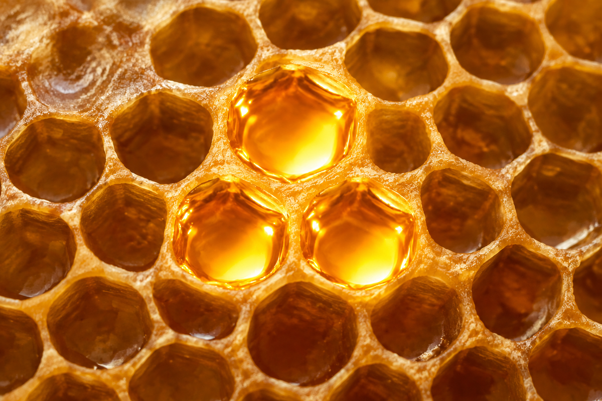 Honeycomb with one highlighted cell on top and two below